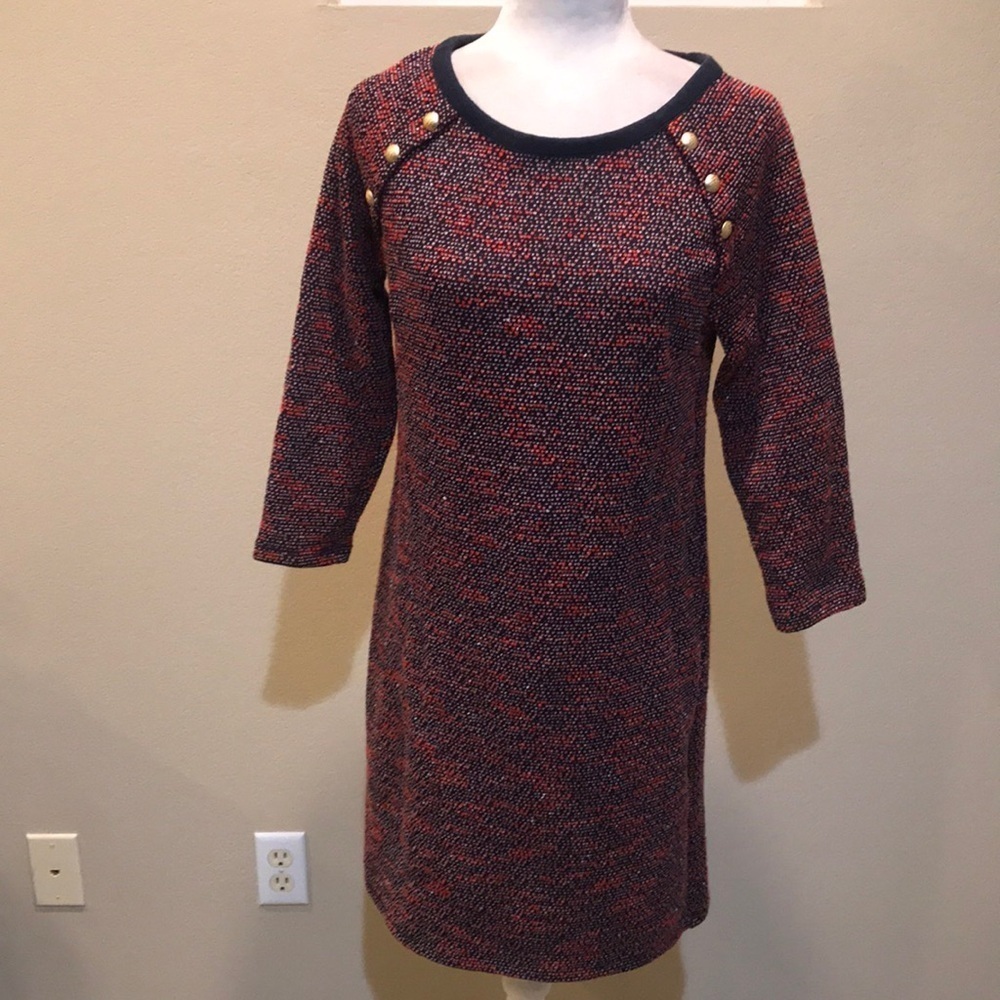 Talbots Red and Blue w/Gold Button Accents Tweed Midi Long Sleeve Dress-M